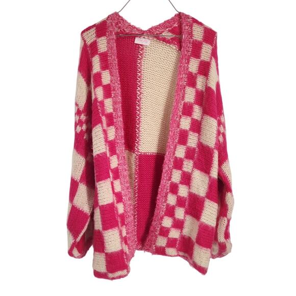 Pink Lily Pink Knit Checked Open Front Cardigan Womens Size Small S - Picture 1 of 3